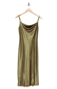 Slip into a cowl neck midi dress constructed from glossy satin for the perfect date-night look. 46" length (size XS) Cowl neck Sleeveless Adjustable straps Slips on over head 100% polyester Hand wash, line dry Made in the USA of imported fabric Model stats: 5'10", 32" bust, 25" waist, 36" hip. Model is wearing size XS. Slip Dress Layering, Dress Layering, Cowl Neck Midi Dress, Green Silk Dresses, Prom Shopping, Midi Slip Dress, Silk Slip Dress, Satin Slip Dress, Bebe Dresses