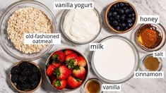 the ingredients for an oatmeal smoothie laid out in bowls