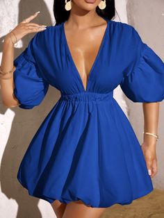 Deep V Neck Bishop Sleeve Dress | SHEIN USA Shein Dress Casual, Blue Dress Ideas, Bishop Sleeve Dress, Plus Size Mini Dresses, Plus Size Romper, Elastic Waist Dress, Sheer Skirt, Azul Real, Classy Casual Outfits