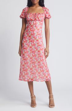 Ruffle trim highlights the square neckline and puff sleeves of this floral-patterned midi dress. Hidden back-zip closure Square neck Short sleeves Lined 100% viscose Dry clean Imported Black Women In Dresses, Feminine Rose Print Dress With Square Neck, Floral Print Midi Dress With Square Neck, Feminine Floral Print Square Neck Dress, Pink Square Neck Printed Dress, Red Floral Print Puff Sleeve Dress, Patterned Midi Dress, Square Neck Dress, Floral Print Midi Dress