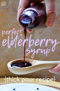 a person pouring syrup into a spoon on top of a white plate with text overlay