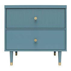 a blue nightstand with two drawers on one side and gold knobs on the other