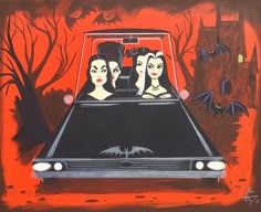 a painting of two women in a car with bats