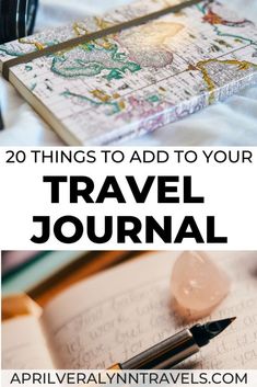 an open book with the title 20 things to add to your travel journal