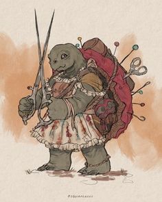 a drawing of a tortoise with scissors in it's hands and wearing a dress