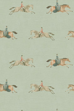 a wallpaper pattern with horses and jockeys on blue background, including two men riding the same horse