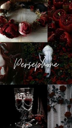 four different images with the words persephane written in white and red on them