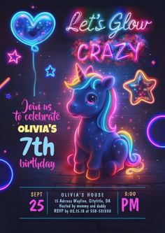 a birthday party with neon lights and an image of a pony on the front of it