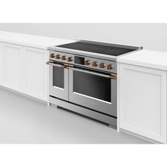 an oven with two burners in the middle of it and white cabinets around it