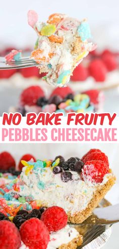 no bake fruity pebbles cheesecake on a fork with the title above it