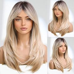 Hair Styles 2022 Women, Wigs 2022, Dark Roots Hair, Long Blonde Wig, Blonde Wigs, Bangs Long, Long Blonde, Haircuts For Long Hair