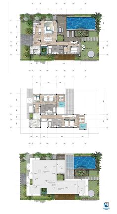 two plans for a house with swimming pool in the middle and an open floor plan