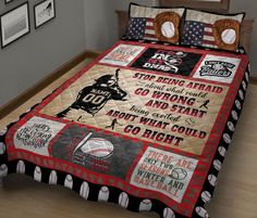 a baseball themed bed spread with an american flag and some sports related items on it