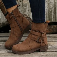 Camel Brown Buckle Decor Tie Side Faux Suede Combat Boots Botas Chelsea, Casual Chique, Orthopedic Shoes, Buckle Ankle Boots, Rounded Toe Boots, Cowboy Boots Women, Boots Womens, Brown Heels, Buckle Shoes