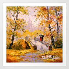 a painting of two people walking across a bridge