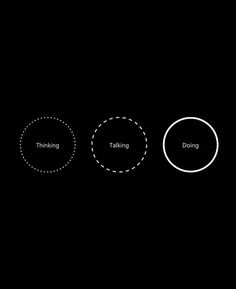 three circles with the words thinking, taking and doing on them in white text against a black background