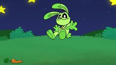 a cartoon rabbit sitting on top of a grass covered field under a night sky with stars