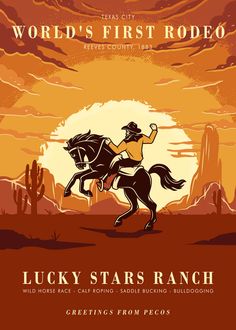 the poster for lucky stars ranch featuring a cowboy riding a horse in front of an orange sky