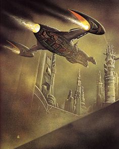 a painting of a spaceship flying over a city