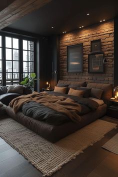 Slate Gray Bedroom Ideas, Men’s Cozy Bedroom, Cozy Industrial Interior, Black And Wood Interior Design Bedroom, Black Grey And Tan Bedroom, Dark Home Aesthetic Modern, Mens Apartment Aesthetic, House Asthetic Picture Interior, Dark Aesthetic Apartment Interiors