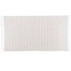 a white and beige striped rug with fringes