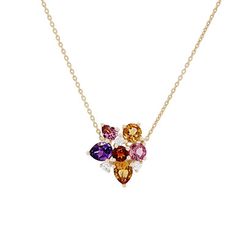 Full of color, this pendant features citrine, pink tourmaline, and amethyst all totaling 1.70 carats and round brilliant cut diamonds totaling 0.12 carats. Gem Cluster, Cluster Jewelry, Orange Citrine, Diamonds Direct, Tanzanite Necklace, Necklace Diamond, Cluster Necklace, Tourmaline Necklace, Cluster Pendant