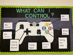 An x box controller with different parts labeled as “what I can control” for example, my mindset, my choices, my actions, etc. Coping Skills Bulletin Board Middle School, School Bulliten Boards Elementary, English And Spanish Bulletin Board, Things In My Control Bulletin Board, Behavior Classroom Bulletin Boards, College Bulletin Boards Elementary, Growth Mindset Board Classroom, Pbis Bulletin Board Ideas, Therapy Room Bulletin Board Ideas