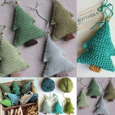 crocheted christmas tree ornaments in different colors and sizes