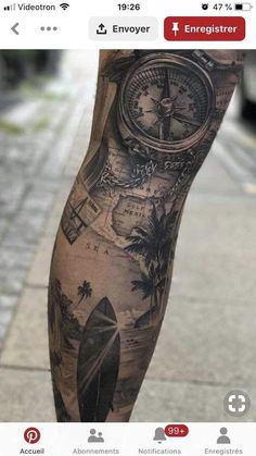 a person with a tattoo on their leg that has a clock and surfboard on it