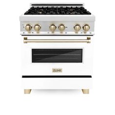 a white stove with two burners and gold knobs on the front, against a white background