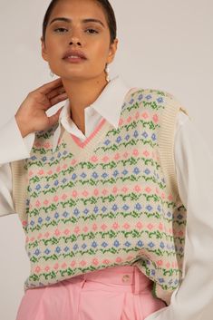 Pink and green tiny intarsia flower sweater vest_1 Colorful Vest, Argyle Sweater Vest, Flower Sweater, Floral Vests, London Free, Turtle Neck Jumper, Floral Sweater, Argyle Sweater, Buy Now Pay Later