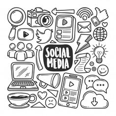 the social media icon set is drawn in black and white, with various icons surrounding it