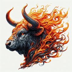 an animal with orange and red flames on it's head is seen in this artistic drawing