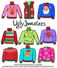 ugly sweaters are shown in different colors and designs, with the words ugly sweaters written