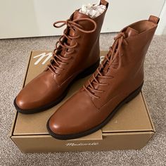 Madewell Evelyn Tie Up Ankle Boots In A Size 9.5 M. Dried Maple Color- A Beautiful Warm Brown. Genuine Leather. Brand New With Box, Originally $158. Flat Heel Lace-up Boots For Workwear, Ankle-high Lace-up Boots With Leather Footbed For Work, Workwear Lace-up Boots With Round Toe And Medium Width, Fall Workwear Almond Toe Lace-up Boots, Flat Heel Lace-up Boots For Fall Workwear, Lace-up Flat Heel Boots For Fall Workwear, Fall Workwear Lace-up Boots With Flat Heel, Brown Ankle-high Lace-up Work Boots, Brown Ankle-high Lace-up Boots For Work