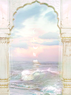 an archway leading to the ocean with a moon in the sky above it and waves below