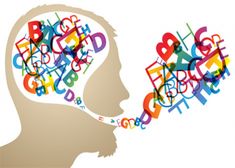 a man's head with letters coming out of his brain and the words below him are multicolored