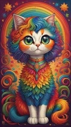 a painting of a cat with colorful hair