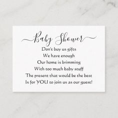 a baby shower card with the words, baby shower don't buy gifts we have enough