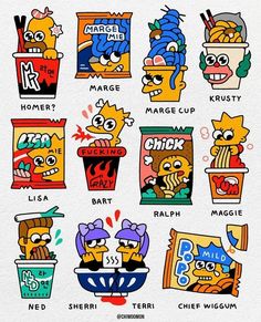 the simpsons characters are depicted in different cartoon style outfits and colors, with their names on them