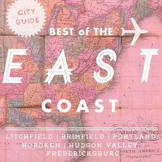 an old map with the words best of the east coast in white on pink background