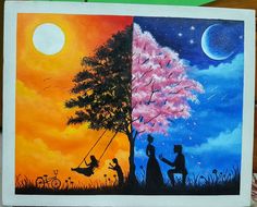 a painting of two people sitting on a swing under a tree with the moon in the background