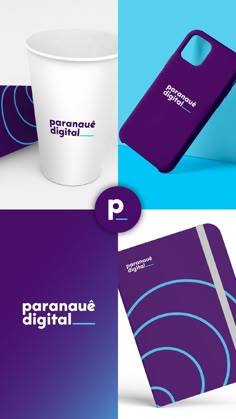 three different logos and designs for various products, including a phone case with the letter p on it