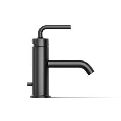 a black faucet on a white background with no one in the photo to describe