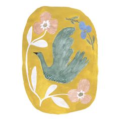 a painting of a bird and flowers on a yellow background