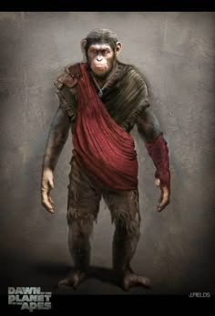 a drawing of a monkey dressed in red and brown clothing with his hands on his hips