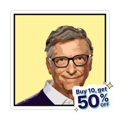 an old man with glasses and a 50 % off sale sign