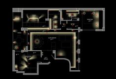 a floor plan with red lights and black background