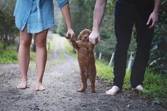 two people walking down a dirt road holding hands with a small dog on the other side