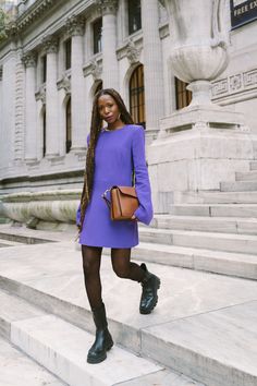 Purple Dress Street Style, Purple Sweater Dress Outfit, Dark Purple Dress Outfit, Violet Dress Outfit, Deep Purple Outfit, Purple Dress Outfit, Vancouver Spring, Dress With Black Boots, Designer Street Style